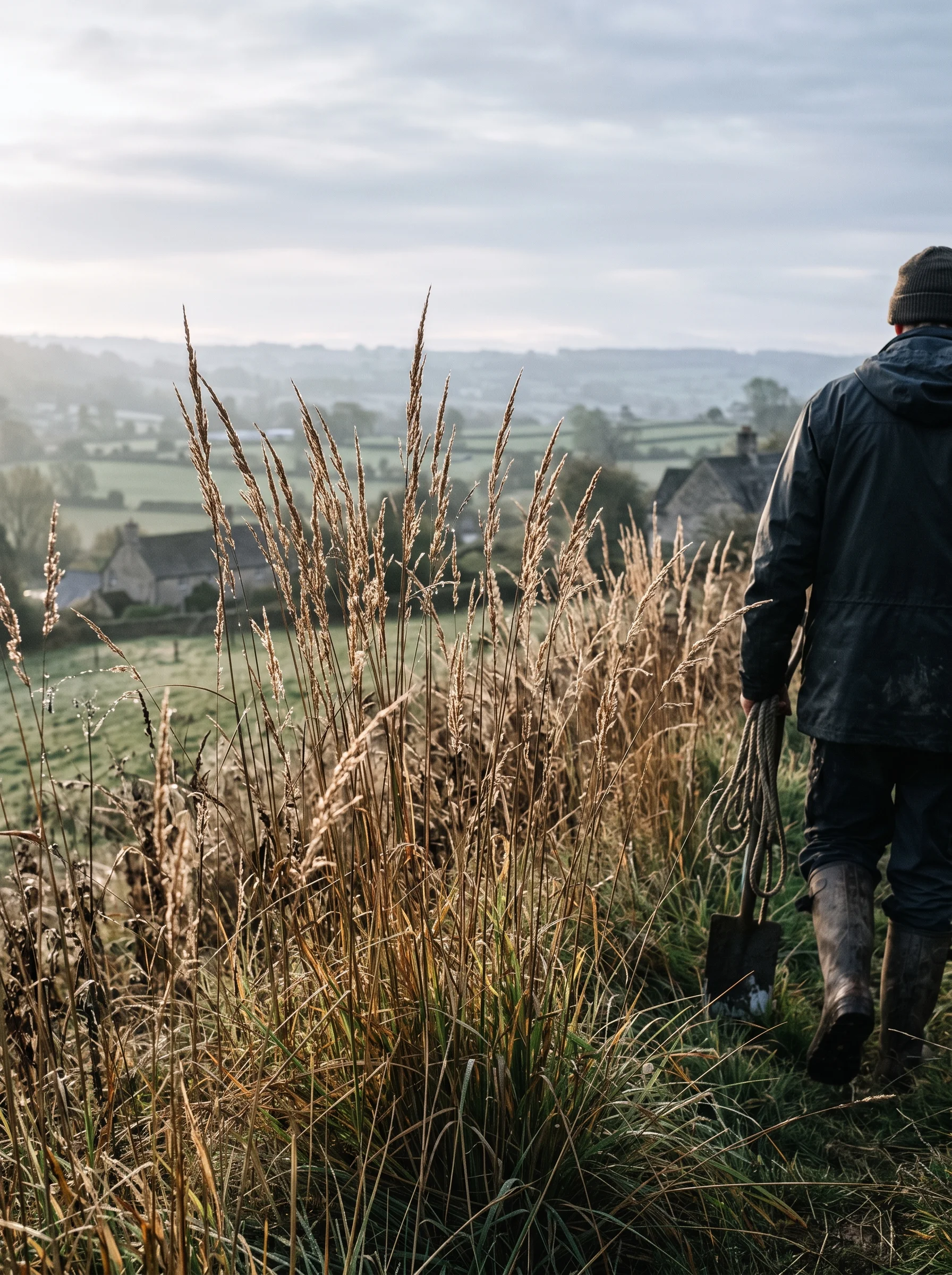 Backlit grasses along a Stroud valley edge in late October, a figure in muddy boots just leaving the frame