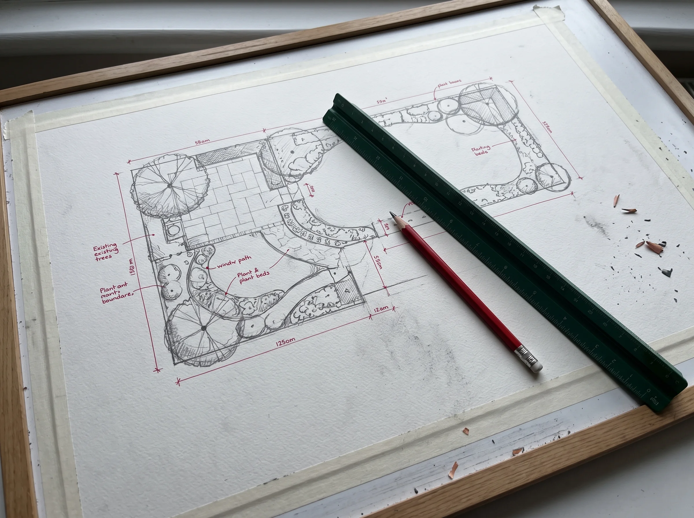 A drawing board holding a measured garden survey in fine pencil, with a scale rule and red pencil beside the sheet