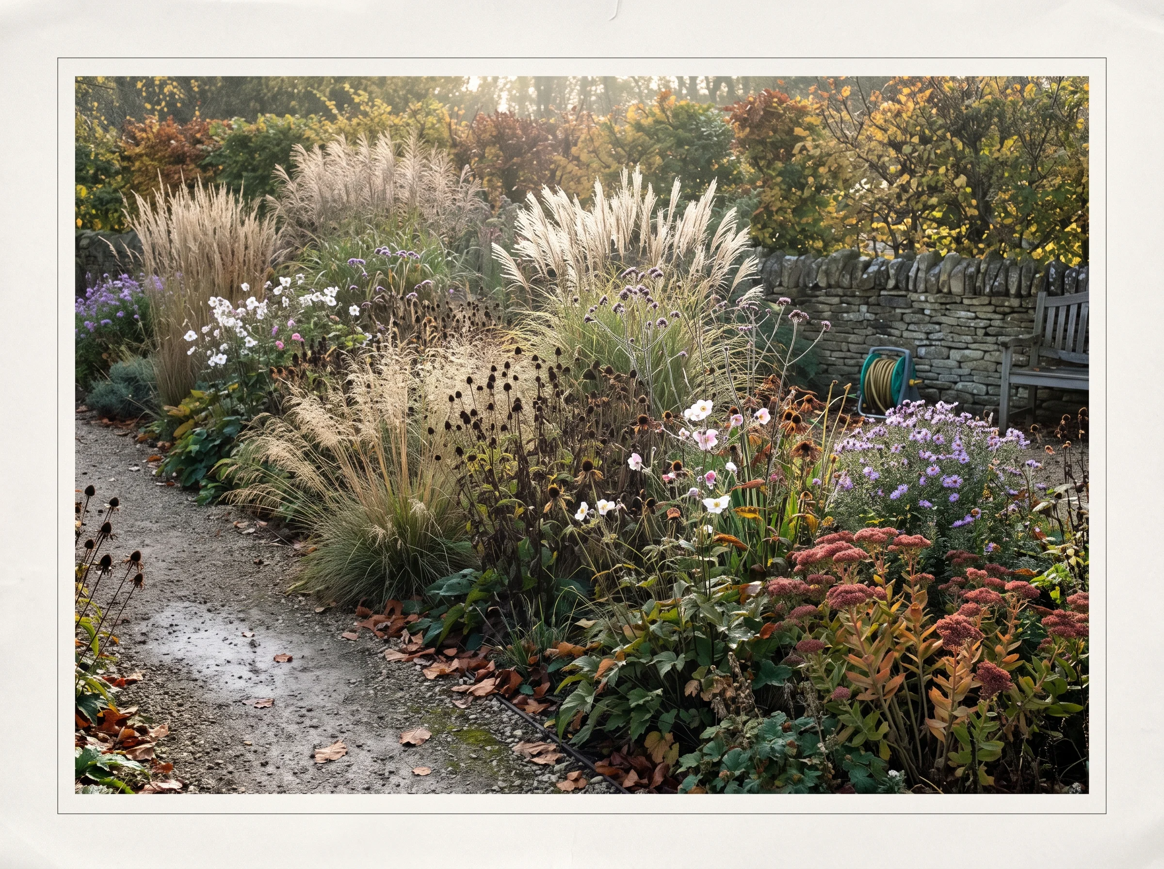 The same border in October, grasses backlit to parchment by low morning sun with faint mist behind