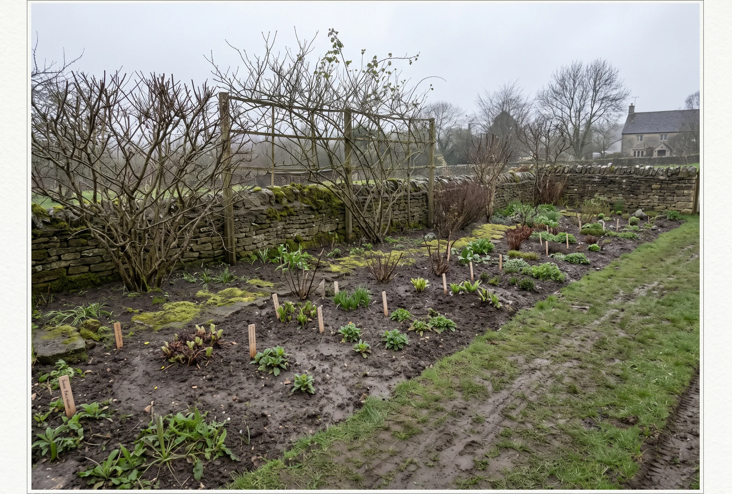 The border in March of its first year: bare soil, first green shoots and small clipped yew forms under flat spring light