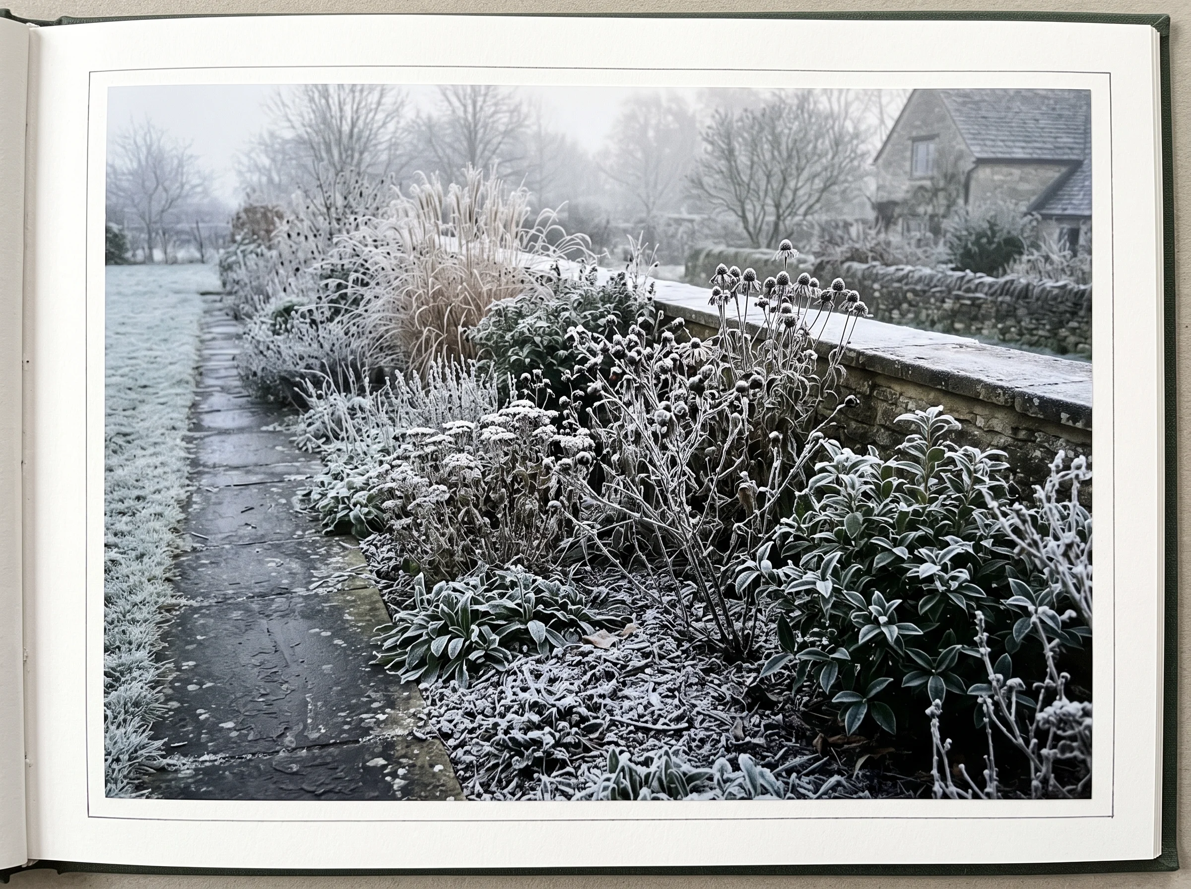 The same border in January, hoar frost picking out every standing seedhead against pale mist