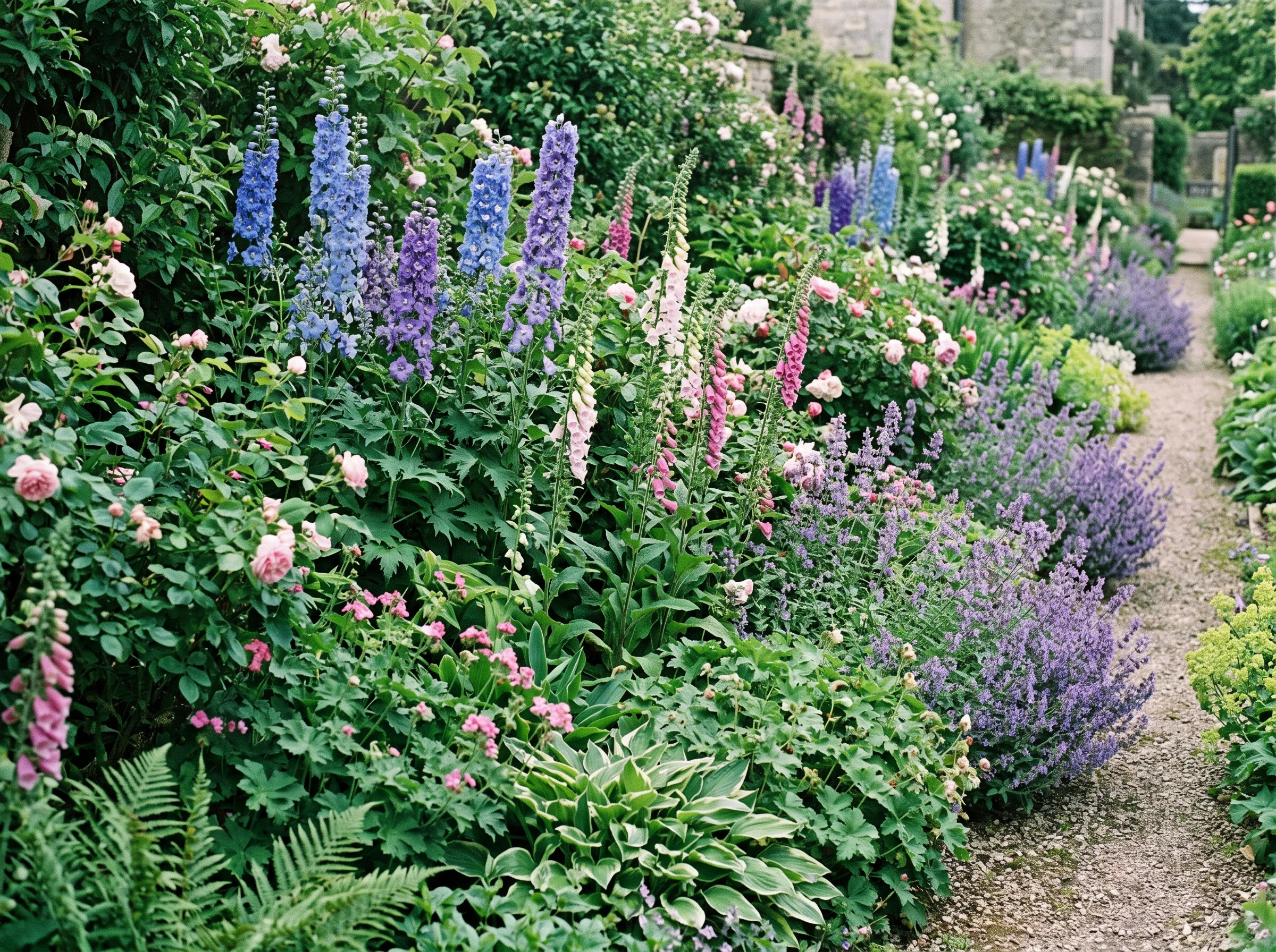 The same border in June, at full flush with violet and crimson perennials among green grasses