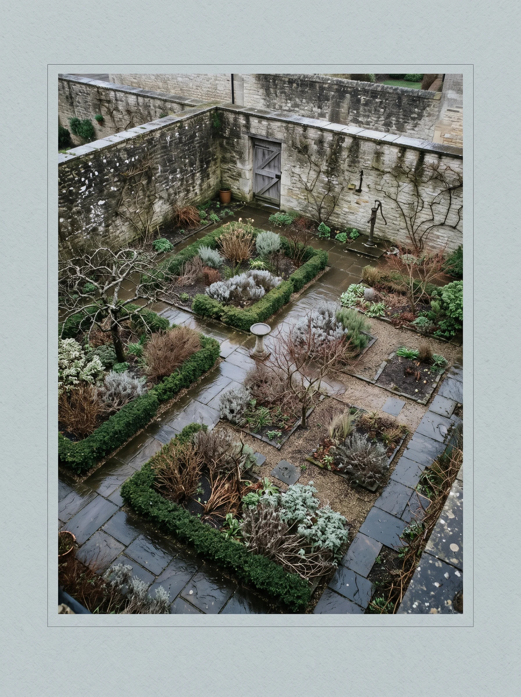 A walled Cotswold-stone courtyard garden seen from an upstairs window in February, wet limestone setts and clipped yew showing its structure