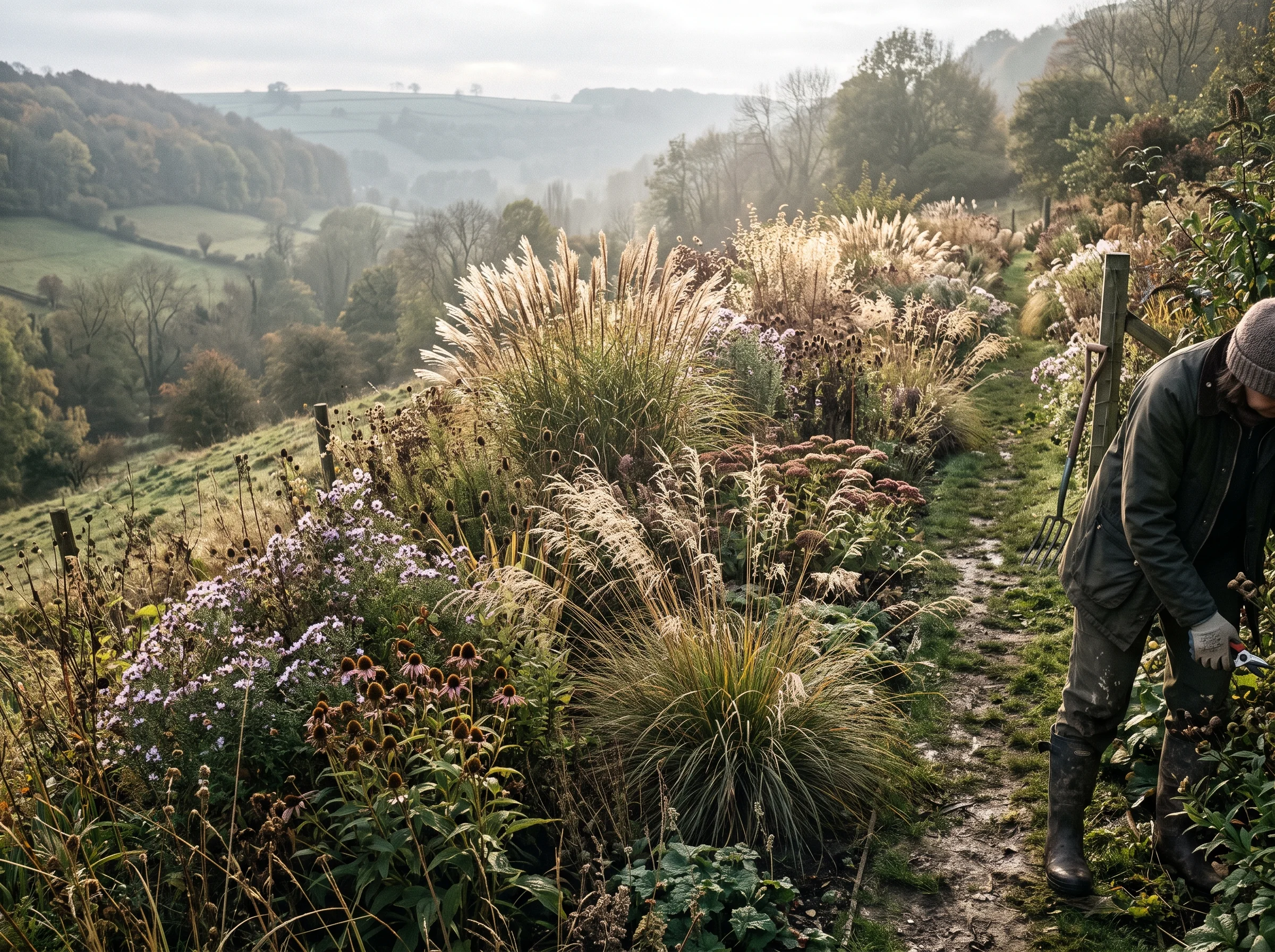 A long naturalistic border on a Stroud valley edge in October, seedheads backlit by low sun with muddy boots at the frame's corner
