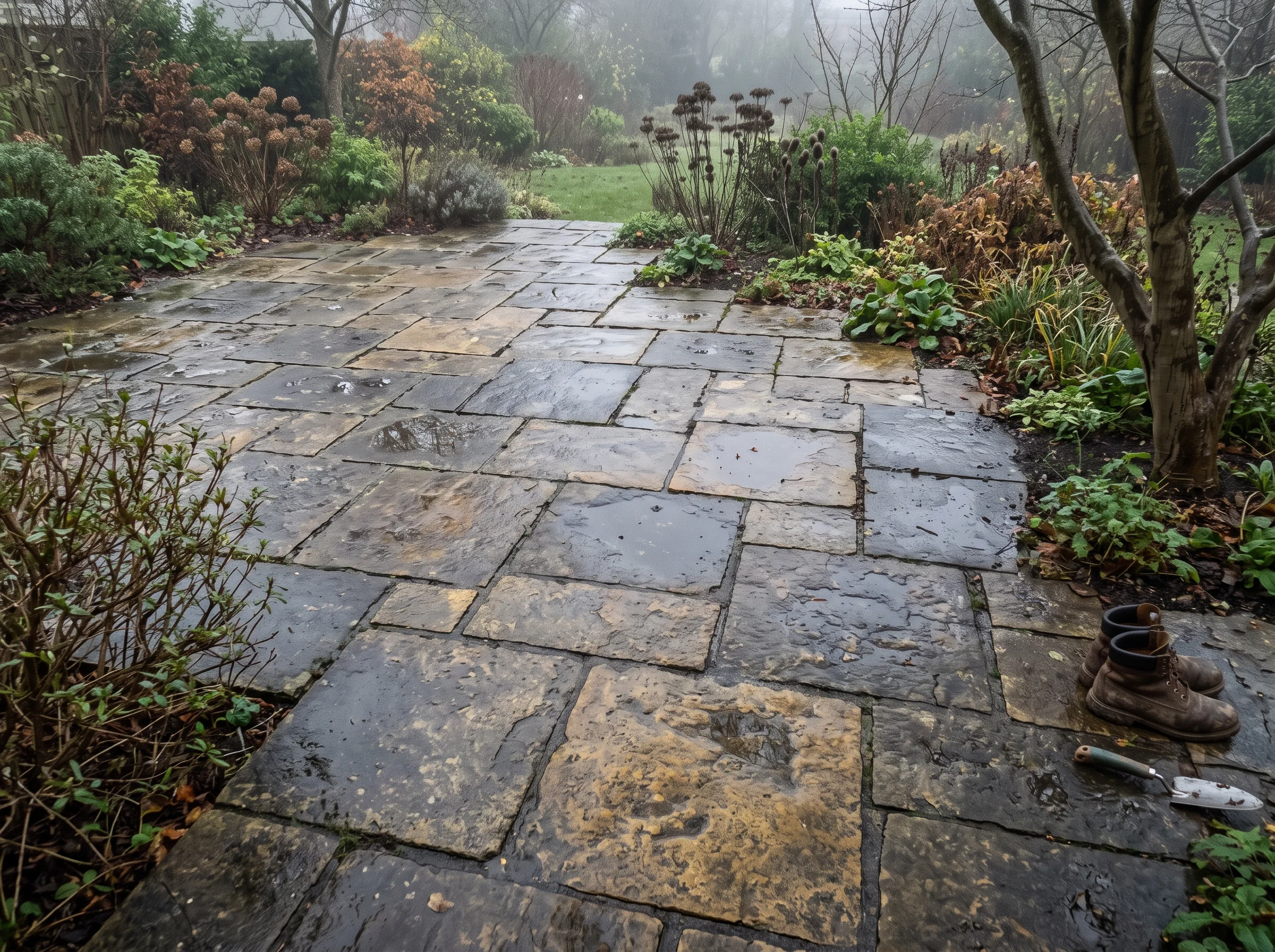 A reclaimed Cotswold limestone terrace darkened after November rain, planting growing in the open joints