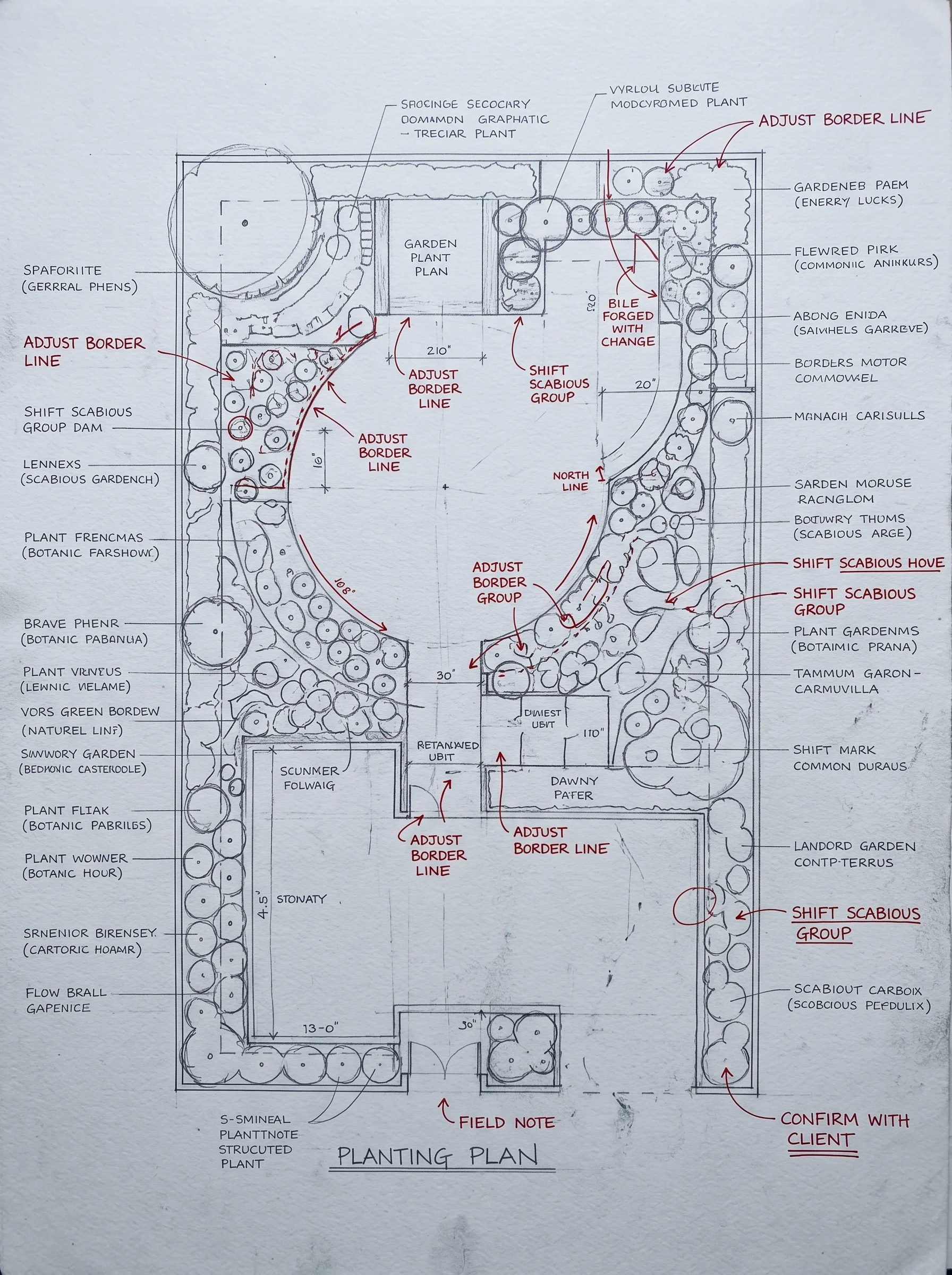 A hand-annotated planting plan on drawing paper with fine pencil lettering, dimensions and red pencil marks